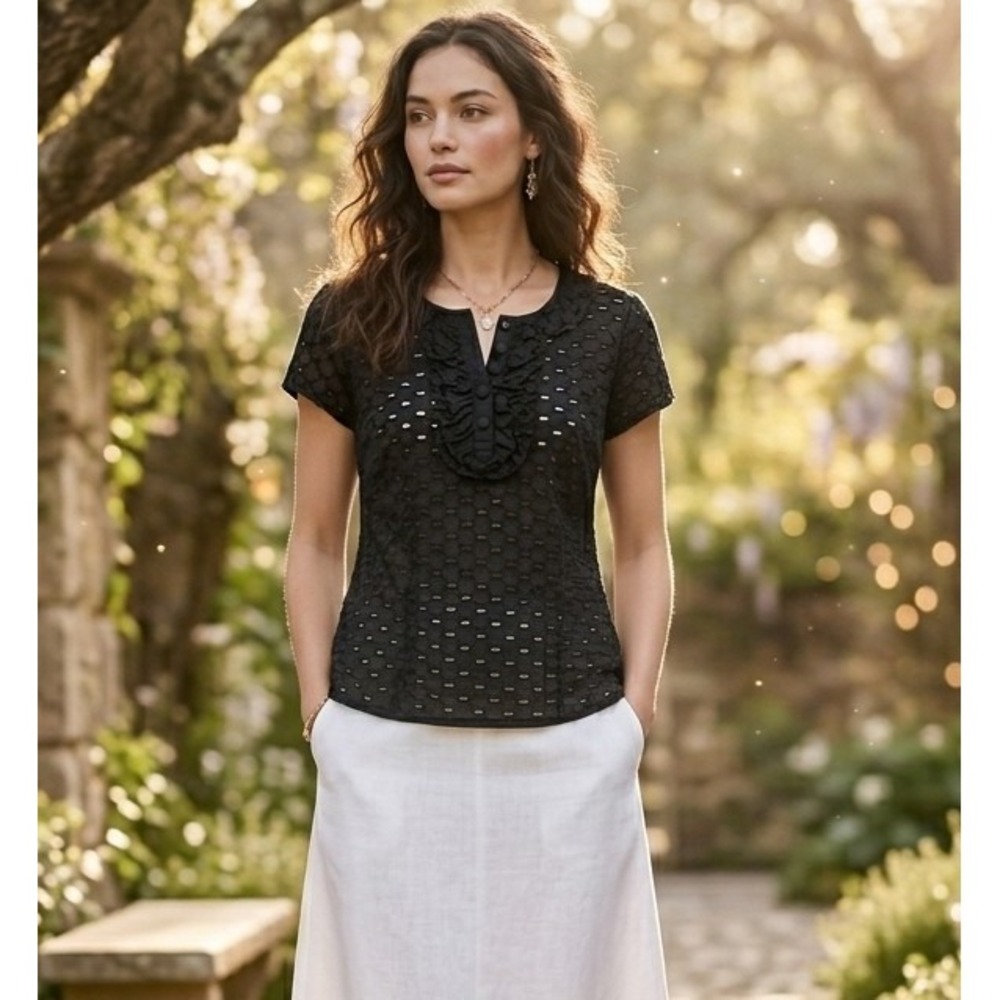 Kenar S Black Eyelet Fitted Blouse Ruffle Front‎ Short Sleeve Cotton Romantic
